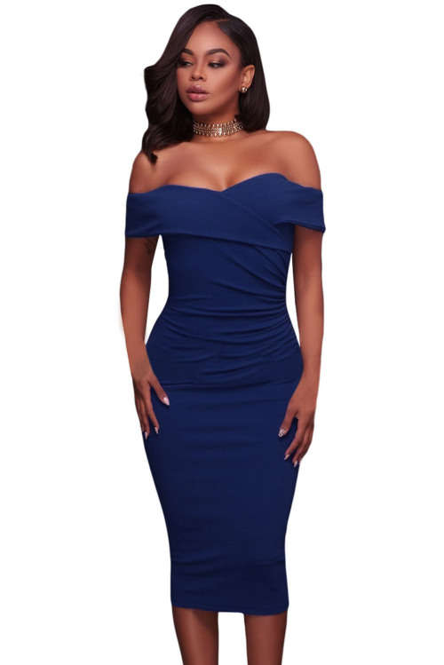 ELEGANT ROYAL BLUE RUCHED OFF SHOULDER FORMAL COCKTAIL PARTY BODYCON MIDI DRESS - S/M/L/XL