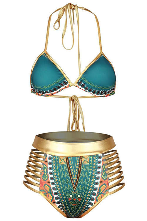 SEXY GREEN AFRICAN TRIBAL METALLIC CUTOUT HIGH WAIST SWIMSUIT - S/M/L/XL