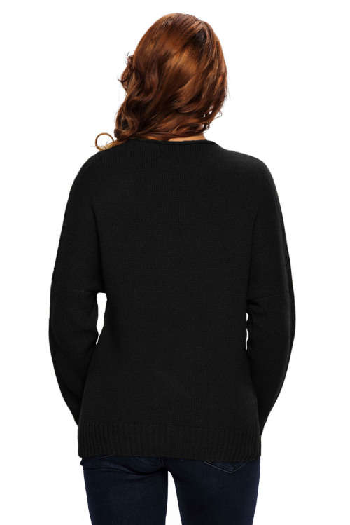 GORGEOUS BLACK LONG SLEEVE CHUNKY CROSS WRAP V NECK TUNIC PULLOVER SWEATER - S/M/L/XL