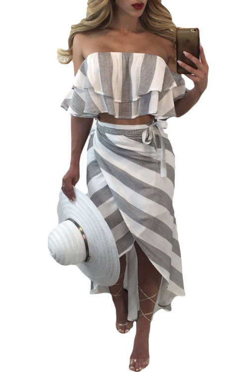 GREY AND WHITE STRIPES RUFFLED TOP AND SKIRT SET - S/M/L