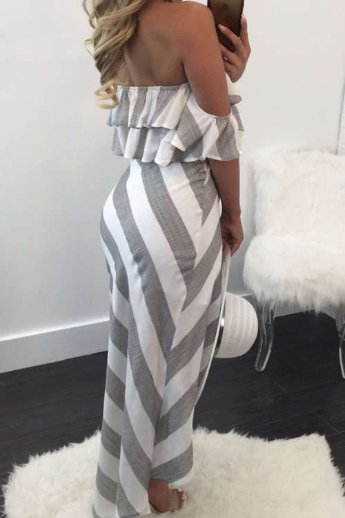 GREY AND WHITE STRIPES RUFFLED TOP AND SKIRT SET - S/M/L