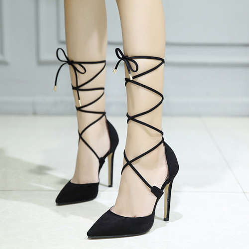 BLACK LACE UP SUEDE POINTED STILETTO SHOES - 35/36/37/38/39