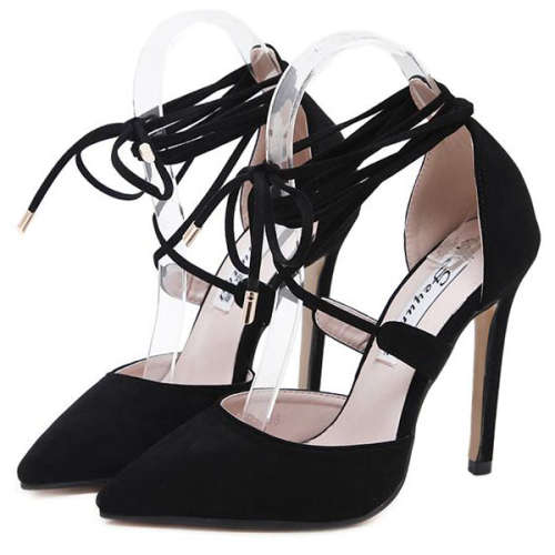 BLACK LACE UP SUEDE POINTED STILETTO SHOES - 35/36/37/38/39