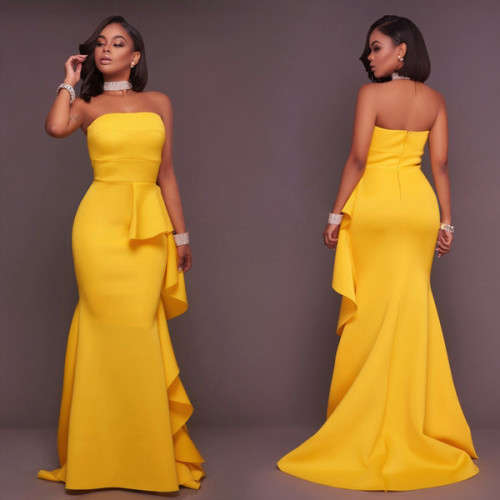 MODEST STRAPLESS RUFFLE YELLOW FORMAL EVENING DRESS - M/L/XL