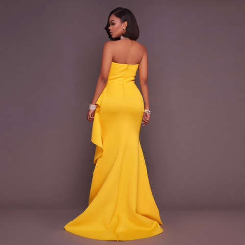 MODEST STRAPLESS RUFFLE YELLOW FORMAL EVENING DRESS - M/L/XL