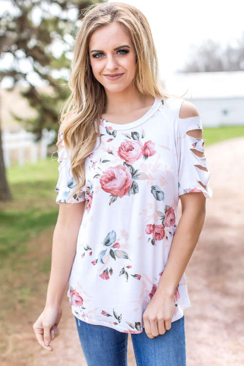 FLORAL TOP - CUTOUT SLEEVE - S/M/L/XL/2XL