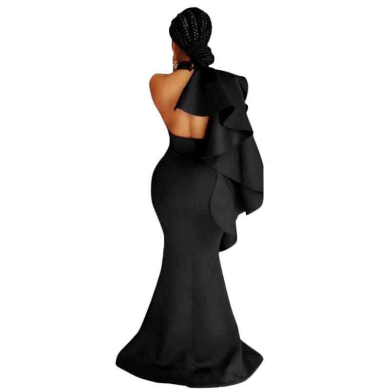 DRESSES/DRESS/EVENING DRESS/BLACK DRESS/MERMAID DRESS/BLACK SHOULDER RUFFLE MERMAID EVENING DRESS