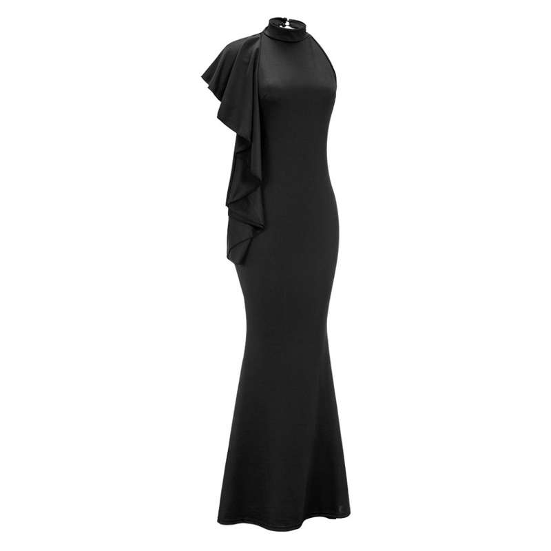DRESSES/DRESS/EVENING DRESS/BLACK DRESS/MERMAID DRESS/BLACK SHOULDER RUFFLE MERMAID EVENING DRESS