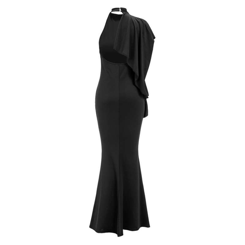 DRESSES/DRESS/EVENING DRESS/BLACK DRESS/MERMAID DRESS/BLACK SHOULDER RUFFLE MERMAID EVENING DRESS
