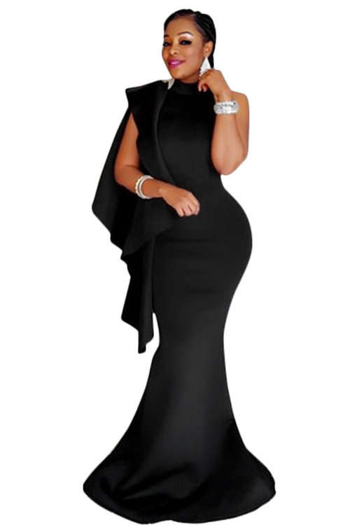 DRESSES/DRESS/EVENING DRESS/BLACK DRESS/MERMAID DRESS/BLACK SHOULDER RUFFLE MERMAID EVENING DRESS