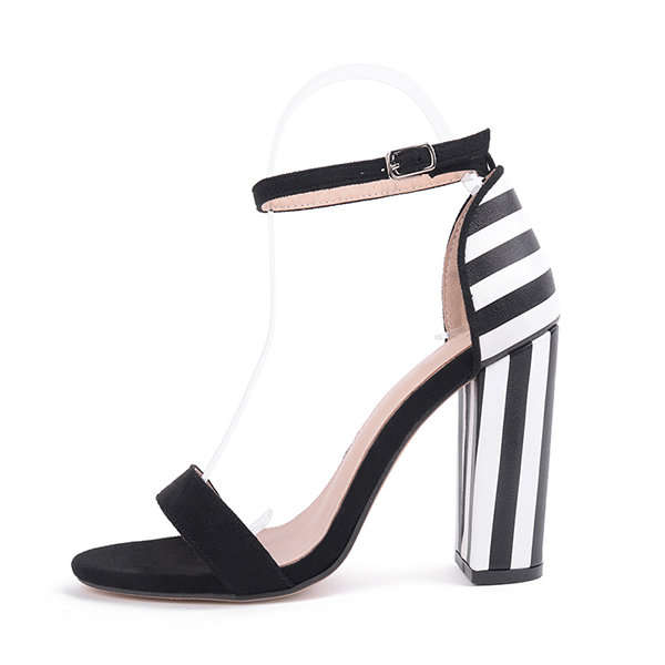 STRIPED ONE-BUCKLE BELT CHUNKY HEEL SANDALS