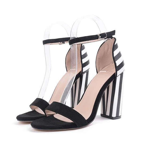 STRIPED ONE-BUCKLE BELT CHUNKY HEEL SANDALS