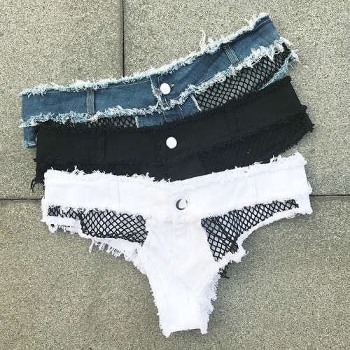 MESH PATCHWORK DENIM HOT PANTS