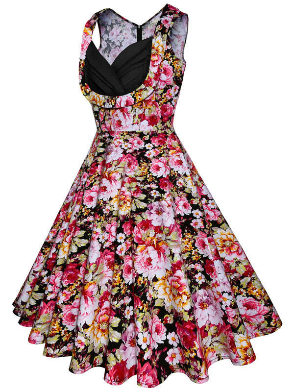 Vintage Floral Black And Pink Swing Party Dresses