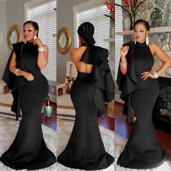 DRESSES/DRESS/EVENING DRESS/BLACK DRESS/MERMAID DRESS/BLACK SHOULDER RUFFLE MERMAID EVENING DRESS
