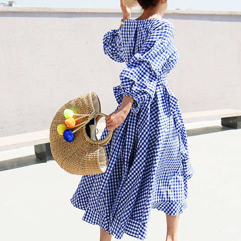 BLUE AND WHITE PLAID ASSYMETRIC BUBBLE SLEEVE SUMMER MIDI DRESS