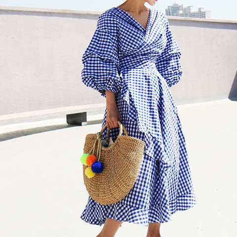 BLUE AND WHITE PLAID ASSYMETRIC BUBBLE SLEEVE SUMMER MIDI DRESS