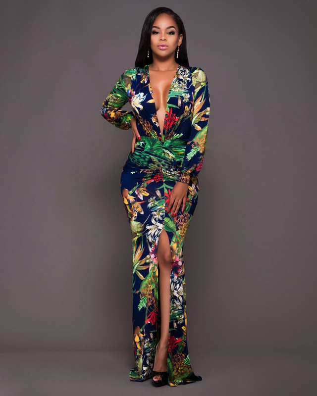 MAXI DRESSES/MAXI DRESS/LONG SLEEVE MAXI DRESS/GREEN MAXI DRESS/FLORAL PRINT MAXI DRESS