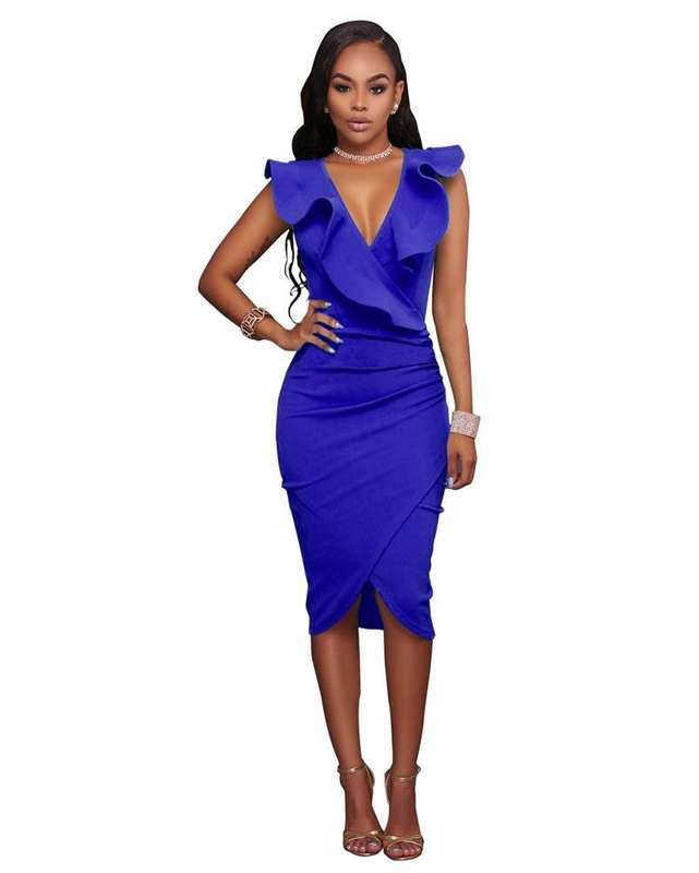 DRESSES/DRESS/BODYCON DRESS/RUFFLE DRESS/MIDI DRESS/BLUE V NECK COCKTAIL PARTY FORMAL DRESS