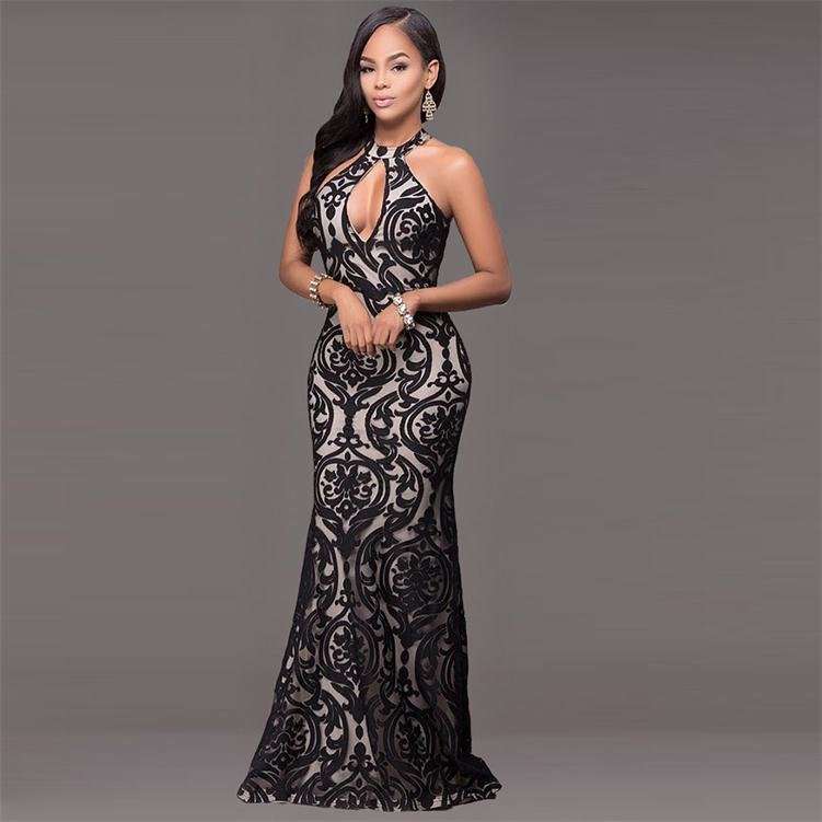 DRESSES/DRESS/EVENING DRESS/BLACK DRESS/MAXI DRESS/LACE KEYHOLE FRONT HALTER EVENING MAXI DRESS