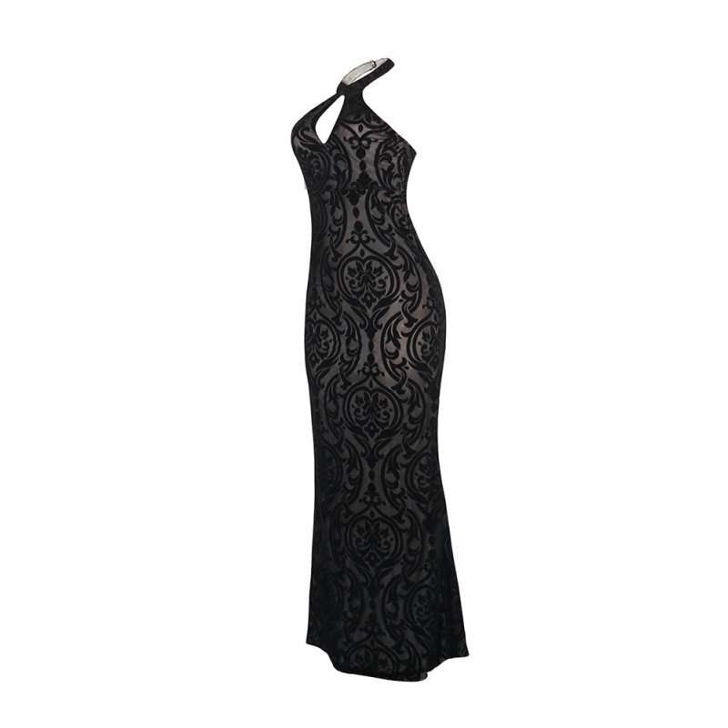 DRESSES/DRESS/EVENING DRESS/BLACK DRESS/MAXI DRESS/LACE KEYHOLE FRONT HALTER EVENING MAXI DRESS