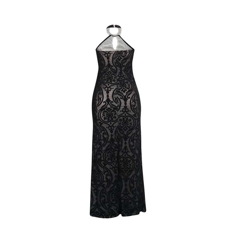 DRESSES/DRESS/EVENING DRESS/BLACK DRESS/MAXI DRESS/LACE KEYHOLE FRONT HALTER EVENING MAXI DRESS