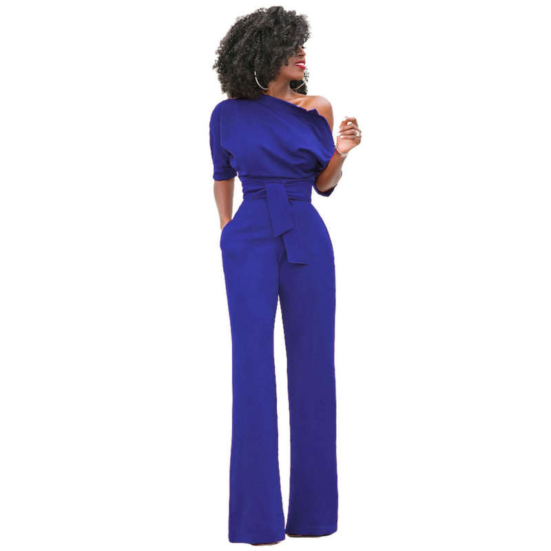 JUMPSUITS/JUMPSUIT/WOMENS JUMPSUIT/FORMAL JUMPSUIT/BLUE ONE SHOULDER FORMAL WOMENS JUMPSUIT
