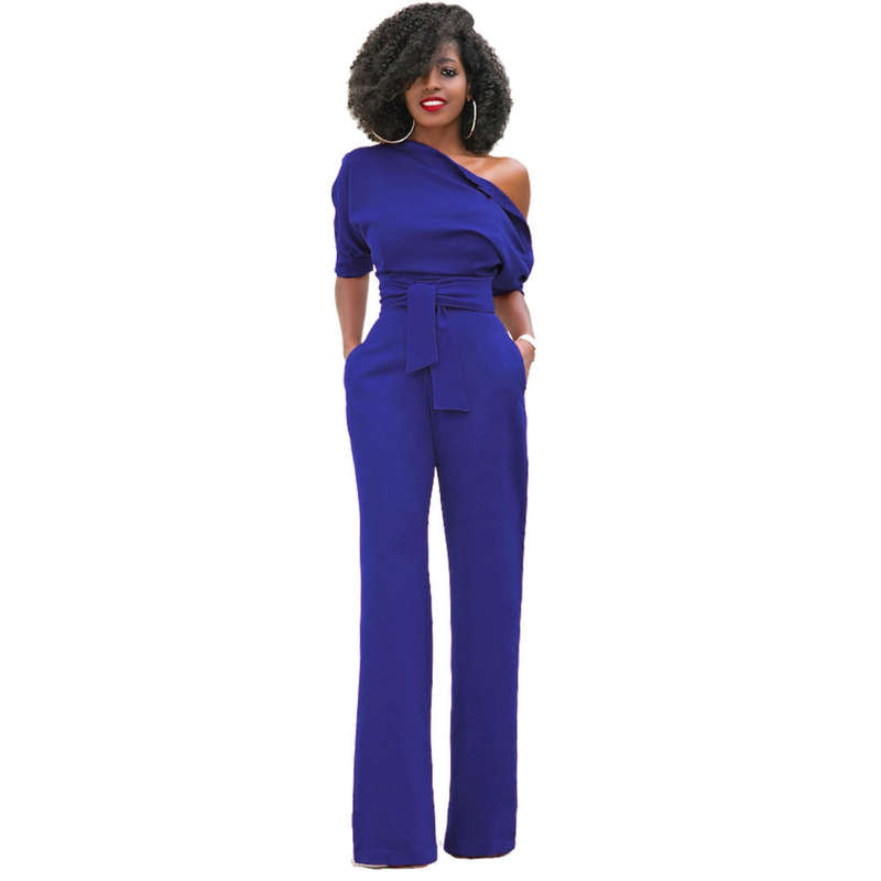 JUMPSUITS/JUMPSUIT/WOMENS JUMPSUIT/FORMAL JUMPSUIT/BLUE ONE SHOULDER FORMAL WOMENS JUMPSUIT