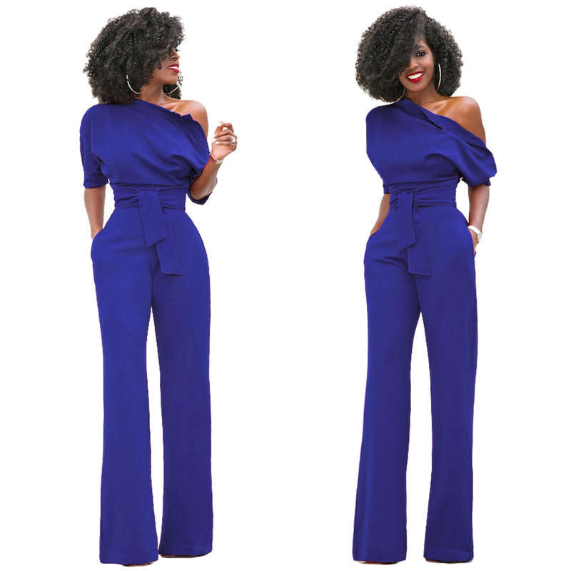 JUMPSUITS/JUMPSUIT/WOMENS JUMPSUIT/FORMAL JUMPSUIT/BLUE ONE SHOULDER FORMAL WOMENS JUMPSUIT