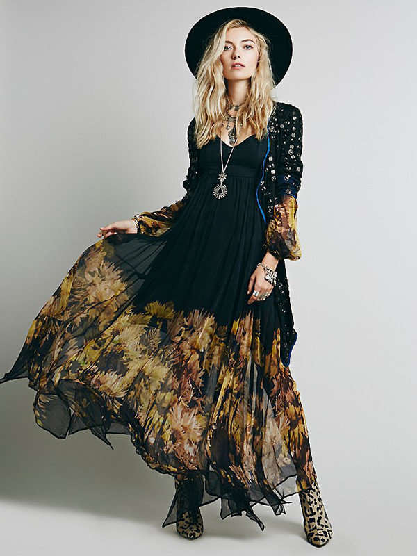 DRESSES/DRESS/MAXI DRESS/ELEGANT BLACK BOHEMIAN FLORAL CHIFFON MAXI DRESS