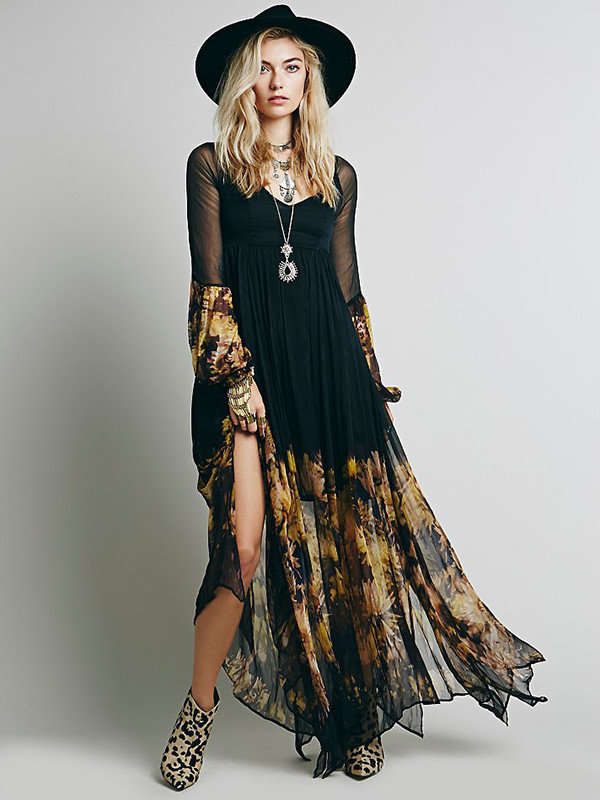 DRESSES/DRESS/MAXI DRESS/ELEGANT BLACK BOHEMIAN FLORAL CHIFFON MAXI DRESS