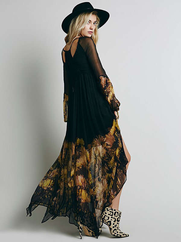 DRESSES/DRESS/MAXI DRESS/ELEGANT BLACK BOHEMIAN FLORAL CHIFFON MAXI DRESS