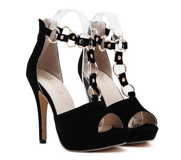 SHOES/WOMENS SHOES/STILETTO SANDALS/SEXY BLACK SUEDE CHAIN DETIAL STILETTO PEEP TOE SANDALS SHOES