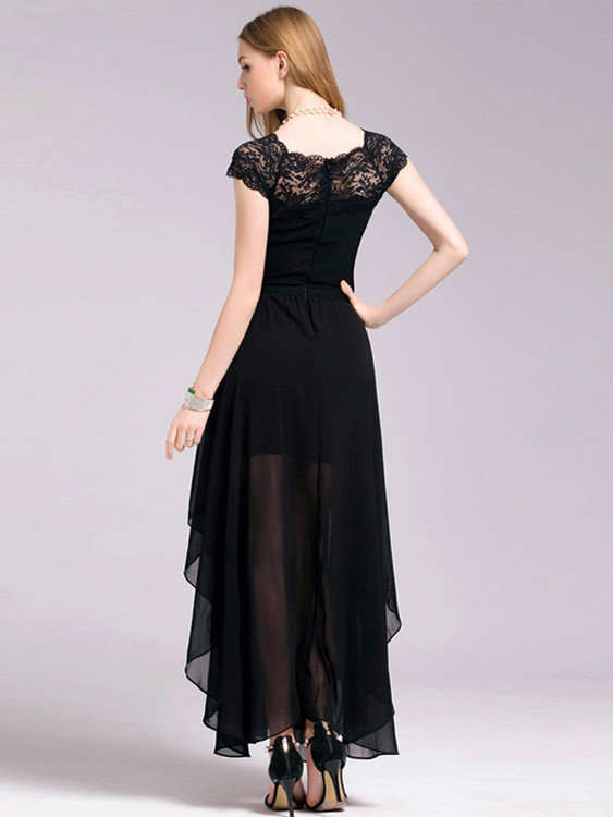 DRESSES/DRESS/CHIFFON DRESS/BLACK ASYMMETRICAL HEM LACE AND CHIFFON LONG EVENING MAXI DRESS
