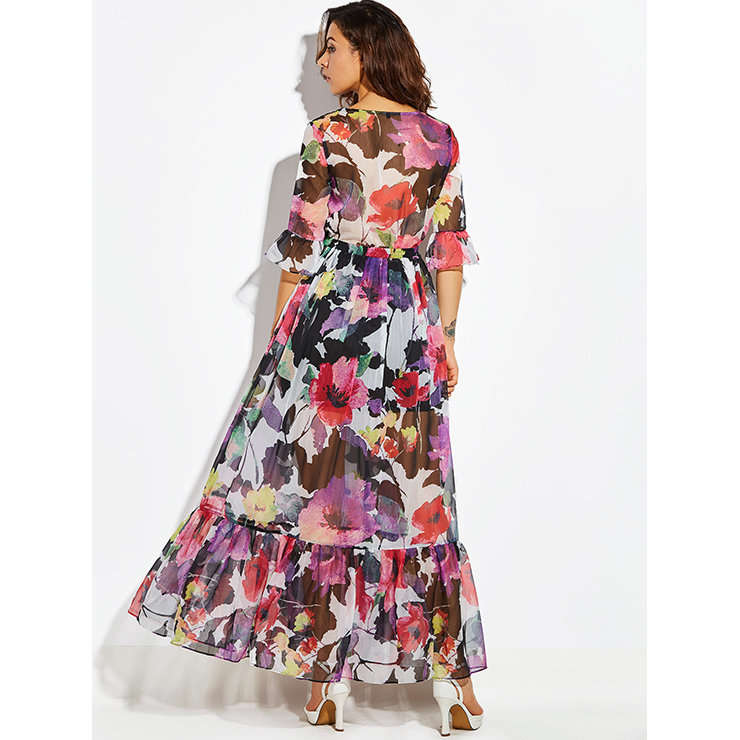 MAXI DRESSES/MAXI DRESS/WOMEN'S FLORAL WRAP V NECK THREE-QUARTER SLEEVE BOHEMIAN MAXI DRESS