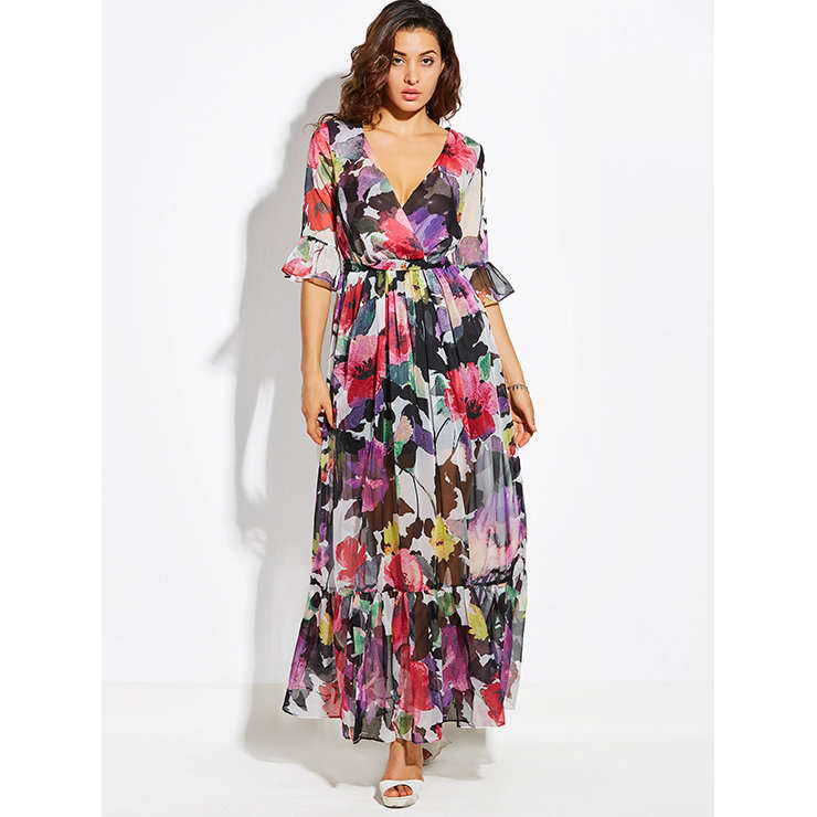 MAXI DRESSES/MAXI DRESS/WOMEN'S FLORAL WRAP V NECK THREE-QUARTER SLEEVE BOHEMIAN MAXI DRESS