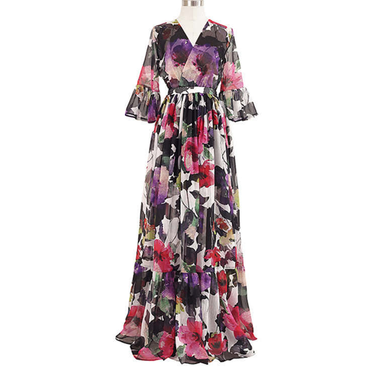 MAXI DRESSES/MAXI DRESS/WOMEN'S FLORAL WRAP V NECK THREE-QUARTER SLEEVE BOHEMIAN MAXI DRESS