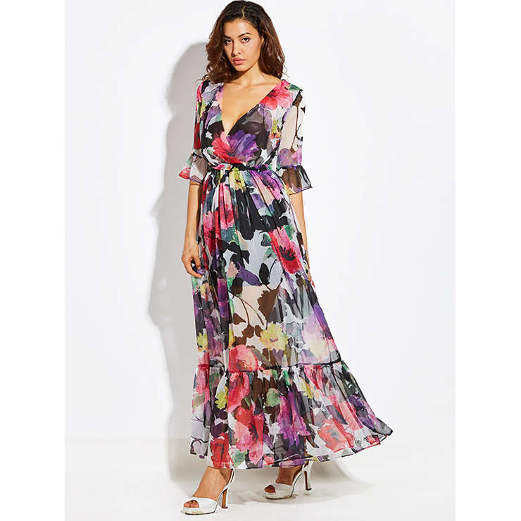 MAXI DRESSES/MAXI DRESS/WOMEN'S FLORAL WRAP V NECK THREE-QUARTER SLEEVE BOHEMIAN MAXI DRESS