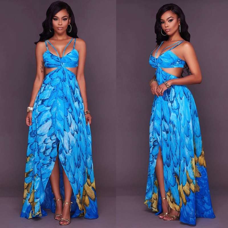 DRESS/WOMENS DRESSES/WOMENS BLUE FEATHER PRINT BOHEMIAN MAXI SLIP EVENING PARTY LONG BEACH DRESS