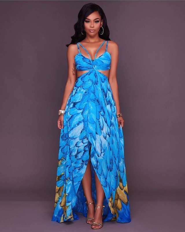 DRESS/WOMENS DRESSES/WOMENS BLUE FEATHER PRINT BOHEMIAN MAXI SLIP EVENING PARTY LONG BEACH DRESS
