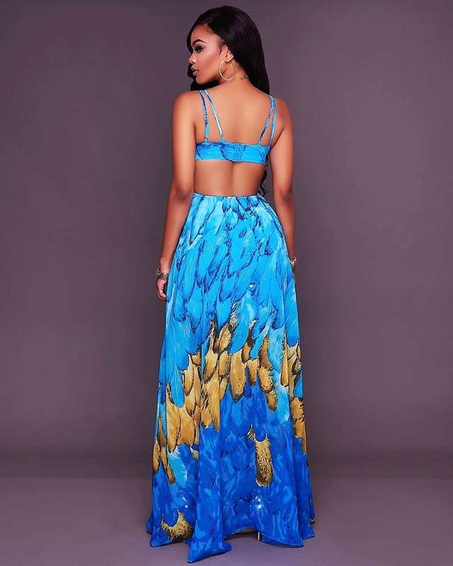 DRESS/WOMENS DRESSES/WOMENS BLUE FEATHER PRINT BOHEMIAN MAXI SLIP EVENING PARTY LONG BEACH DRESS