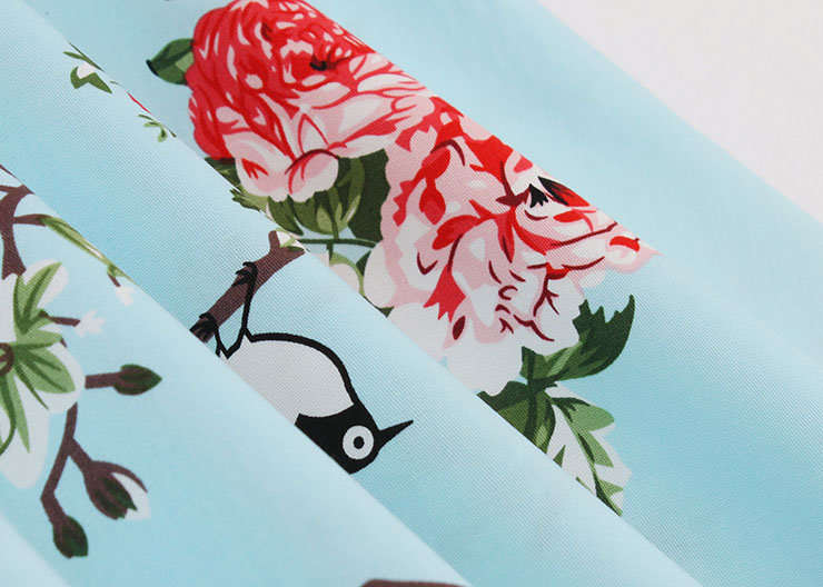 DRESSES/DRESS/WOMENS DRESSES/1950'S SKY BLUE VINTAGE FLORAL AND BIRDS PRINT SLEEVELESS A LINE DRESS