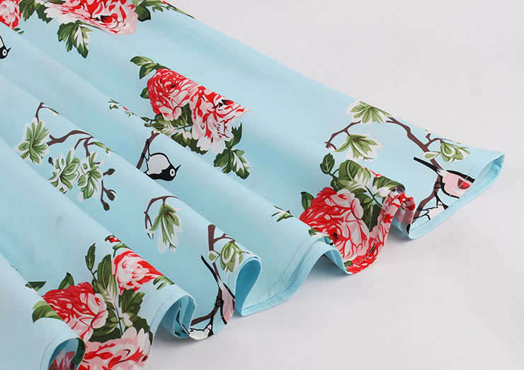 DRESSES/DRESS/WOMENS DRESSES/1950'S SKY BLUE VINTAGE FLORAL AND BIRDS PRINT SLEEVELESS A LINE DRESS