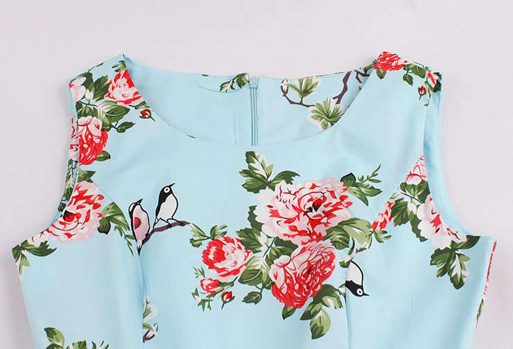 DRESSES/DRESS/WOMENS DRESSES/1950'S SKY BLUE VINTAGE FLORAL AND BIRDS PRINT SLEEVELESS A LINE DRESS