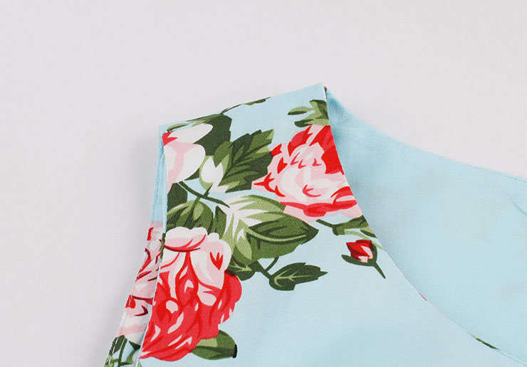 DRESSES/DRESS/WOMENS DRESSES/1950'S SKY BLUE VINTAGE FLORAL AND BIRDS PRINT SLEEVELESS A LINE DRESS