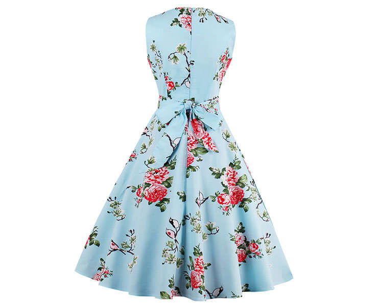 DRESSES/DRESS/WOMENS DRESSES/1950'S SKY BLUE VINTAGE FLORAL AND BIRDS PRINT SLEEVELESS A LINE DRESS