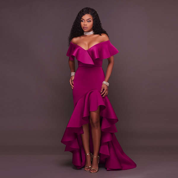 EVENING DRESSES/EVENING DRESS/WOMENS EVENING DRESSES/PURPLE RUFFLE HIGH LOW EVENING DRESS