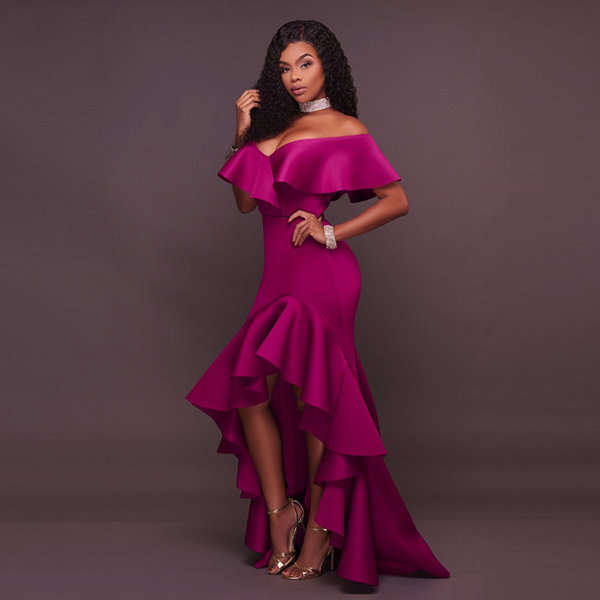 EVENING DRESSES/EVENING DRESS/WOMENS EVENING DRESSES/PURPLE RUFFLE HIGH LOW EVENING DRESS