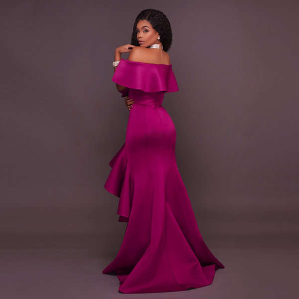 EVENING DRESSES/EVENING DRESS/WOMENS EVENING DRESSES/PURPLE RUFFLE HIGH LOW EVENING DRESS