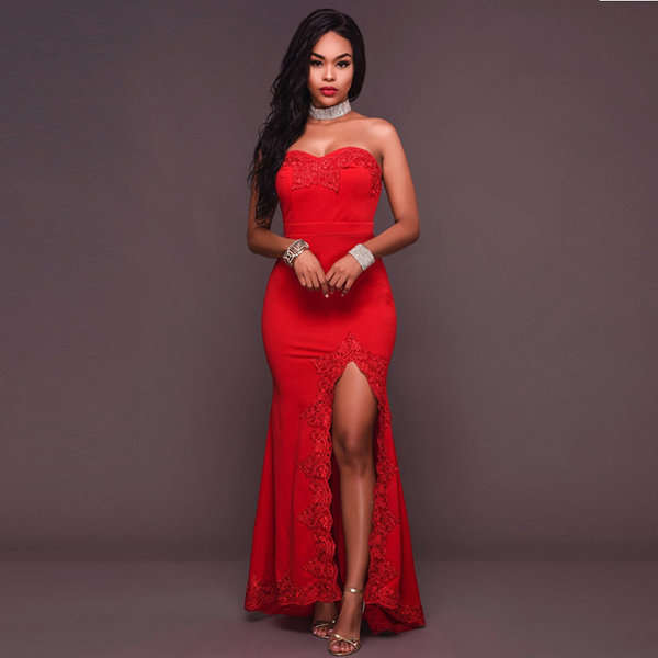 EVENING DRESSES/EVENING DRESS/WOMENS EVENING DRESSES/RED STRAPLESS HIGH SLIT LACE MAXI EVENING DRESS
